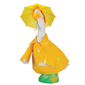 Fox Valley Traders Gaggleville raincoat goose outfit front view on outdoor statue.