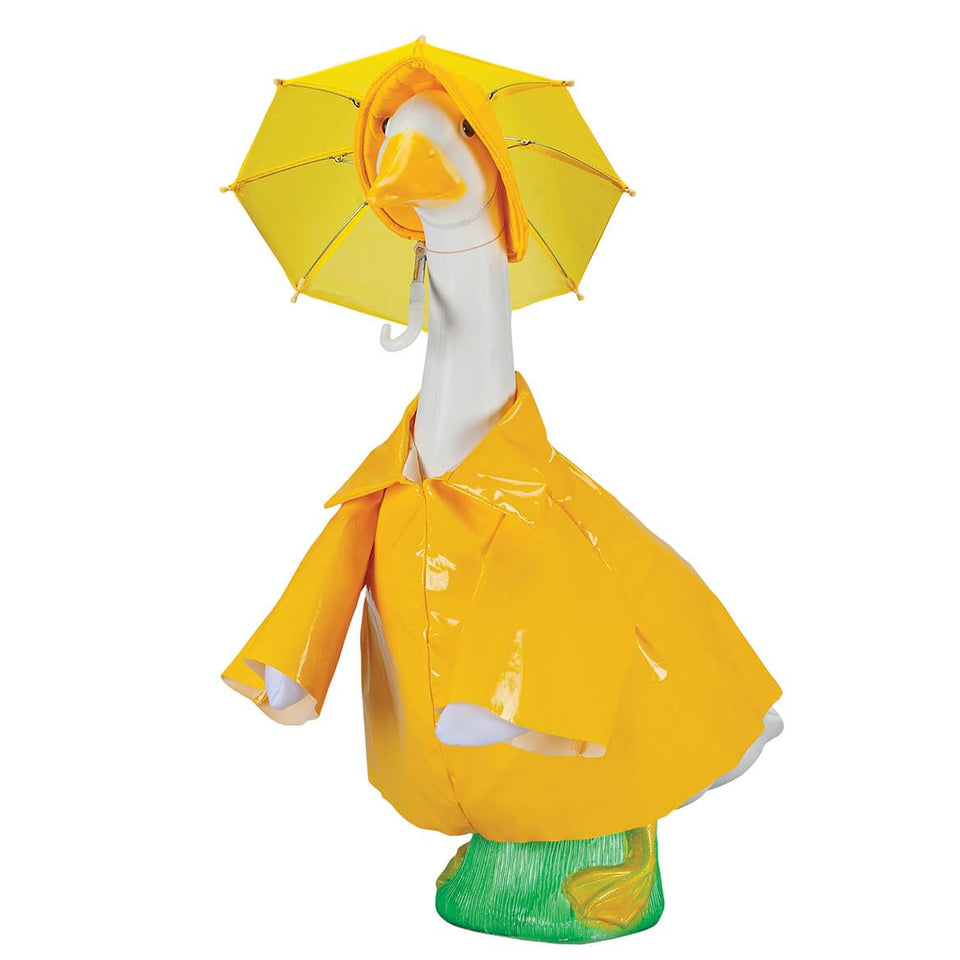 Fox Valley Traders Gaggleville raincoat goose outfit front view on outdoor statue.