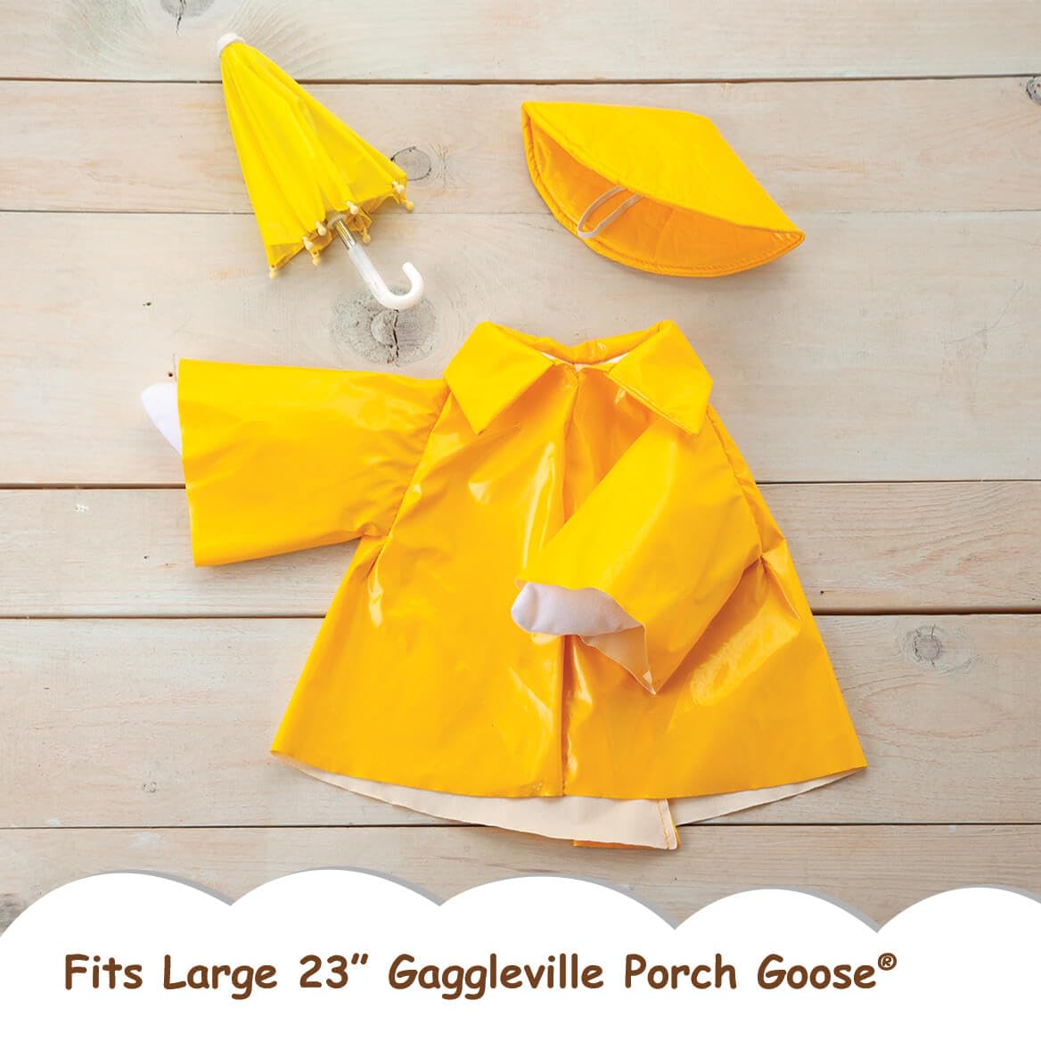 Fox Valley Traders Gaggleville raincoat goose outfit with umbrella open for yard scenes.