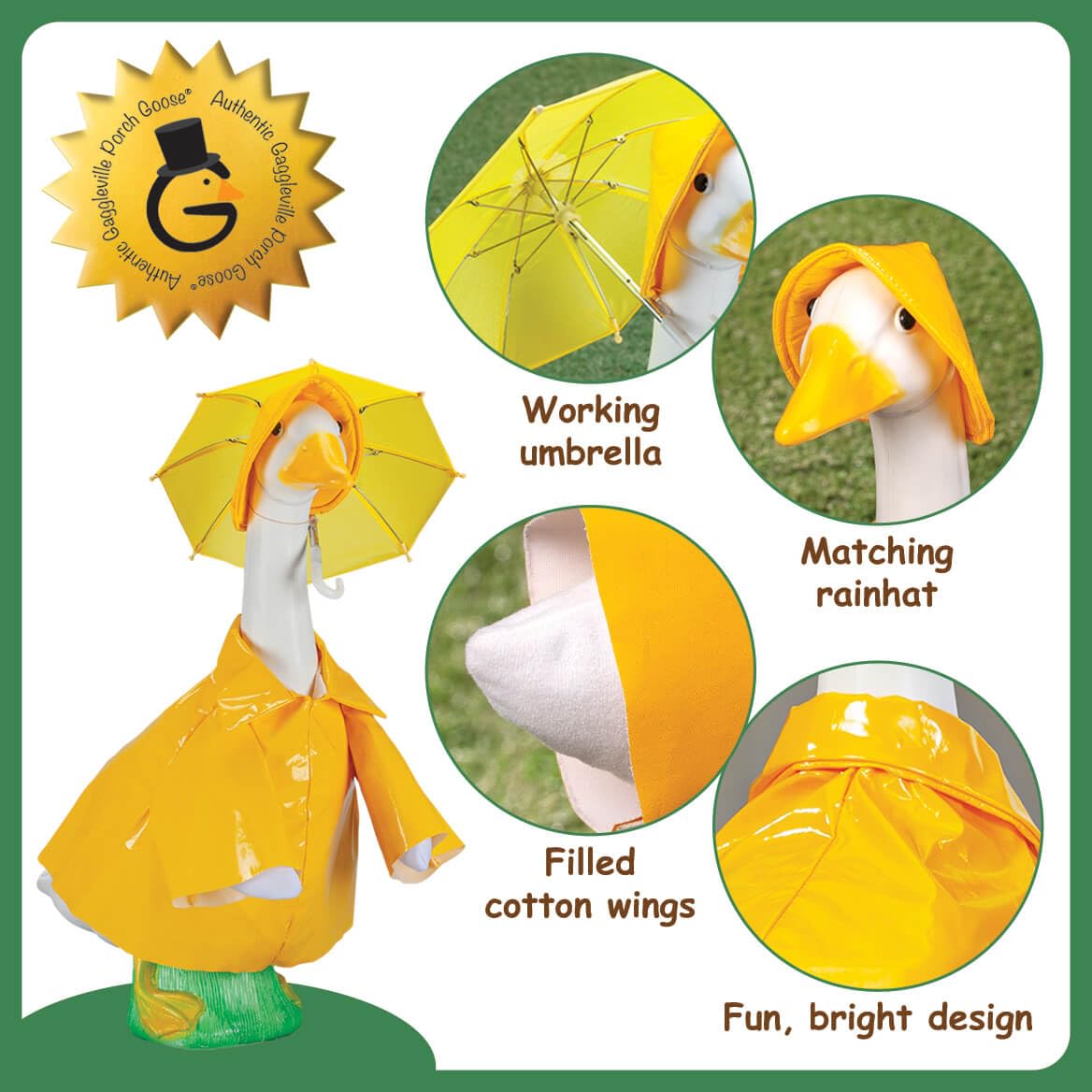 Fox Valley Traders Gaggleville goose outfit yellow slicker brightening exterior spaces.
