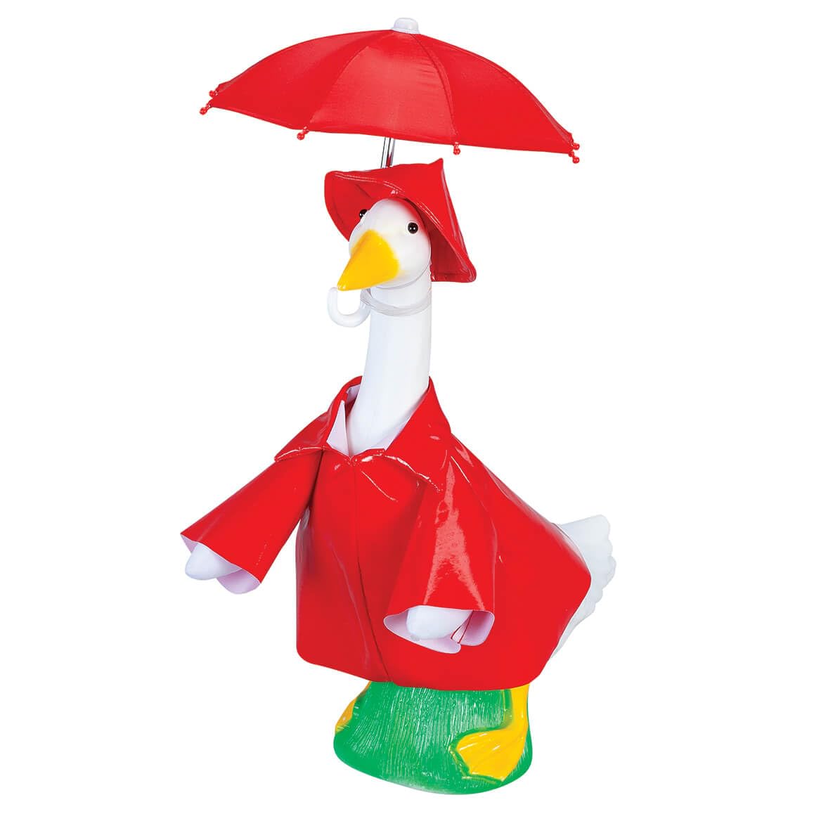 Fox Valley Traders Gaggleville raincoat on goose statue with umbrella.