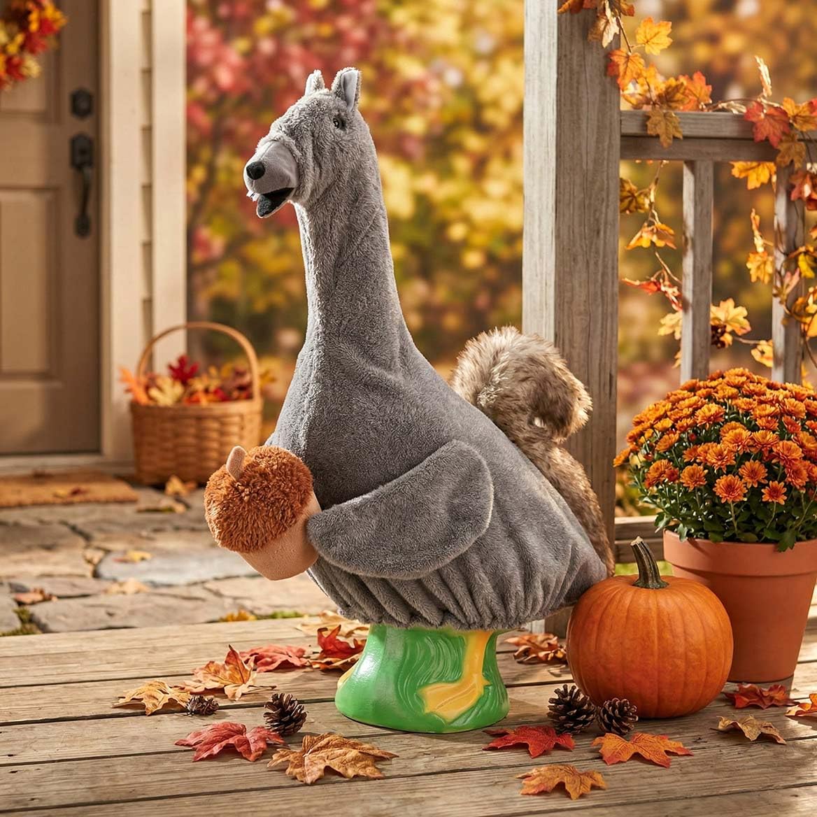 Back view of Gaggleville Squirrel Outfit on goose statue