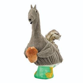 Fox Valley Traders Gaggleville Squirrel Outfit on large goose statue, enhances yard whimsy