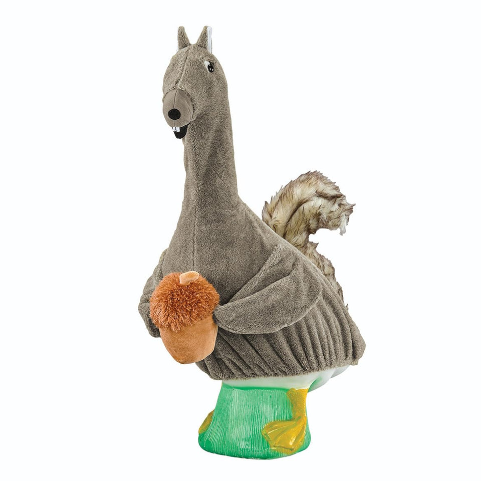 Fox Valley Traders Gaggleville Squirrel Outfit on large goose statue, enhances yard whimsy