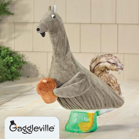 Gaggleville Squirrel Outfit on goose statue, side view, charming outdoor decor
