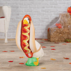 Summer yard decor featuring the Gaggleville goose in a hot dog outfit