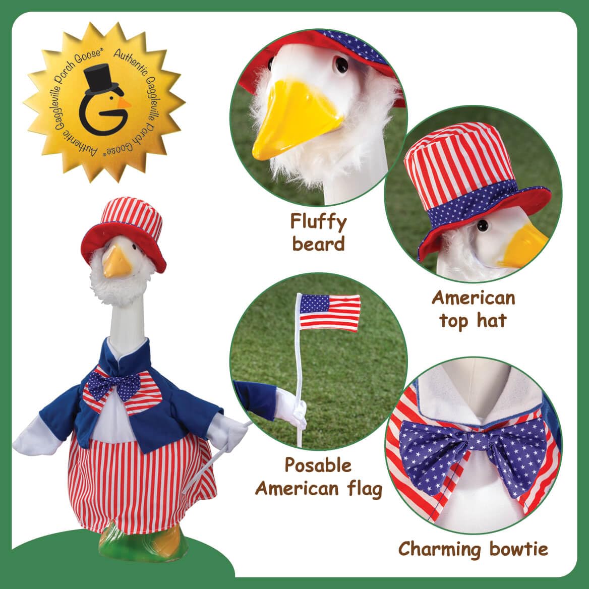 Fox Valley Traders Gaggleville Uncle Sam Goose Outfit blue jacket close-up for rich color.