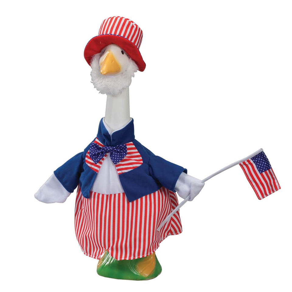 Fox Valley Traders Gaggleville Uncle Sam Goose Outfit front view for patriotic lawn decor.