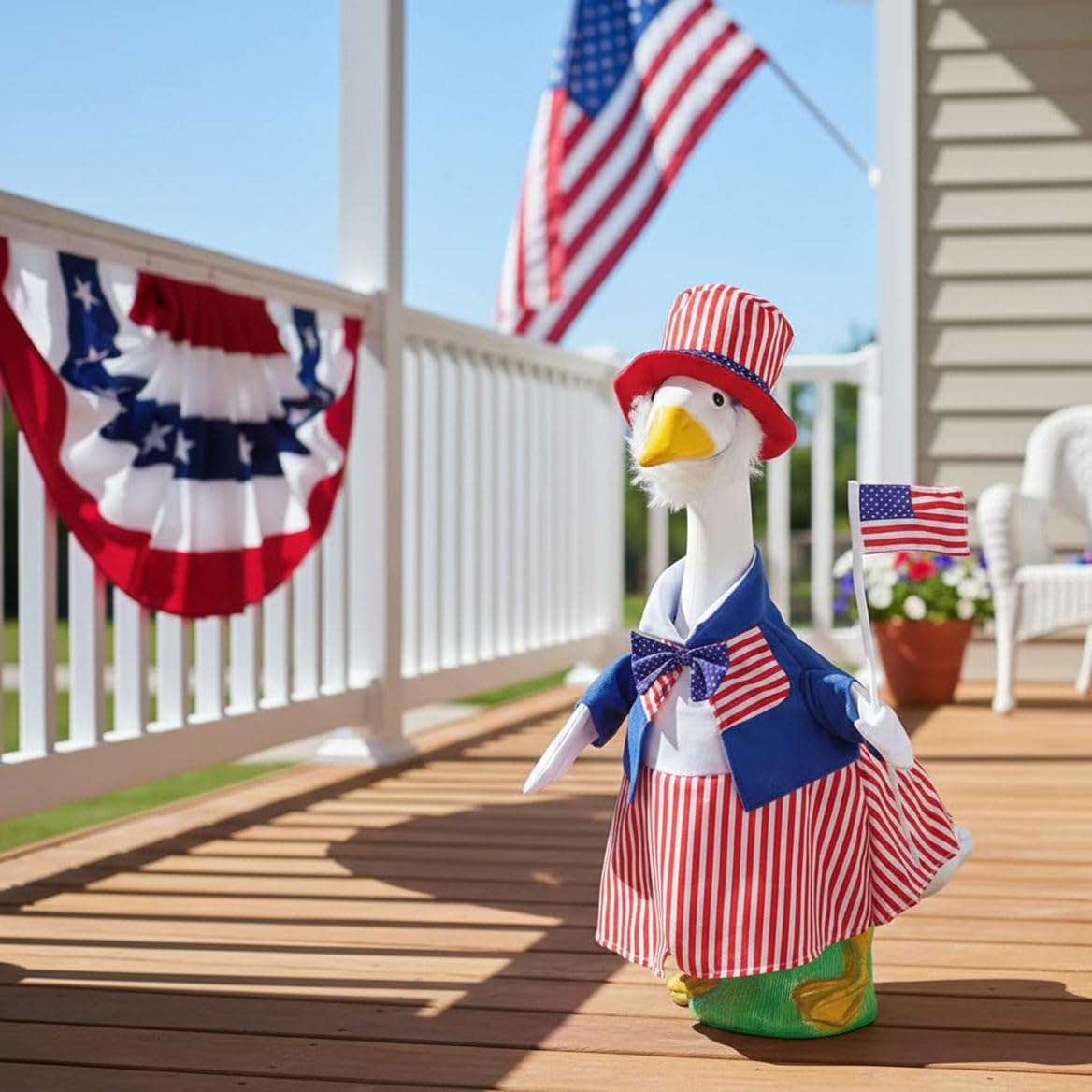 Fox Valley Traders Gaggleville Uncle Sam Goose Outfit striped pants and top hat highlight.