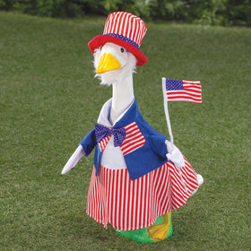 Fox Valley Traders Gaggleville Uncle Sam Goose Outfit US flag accessory for celebration display.