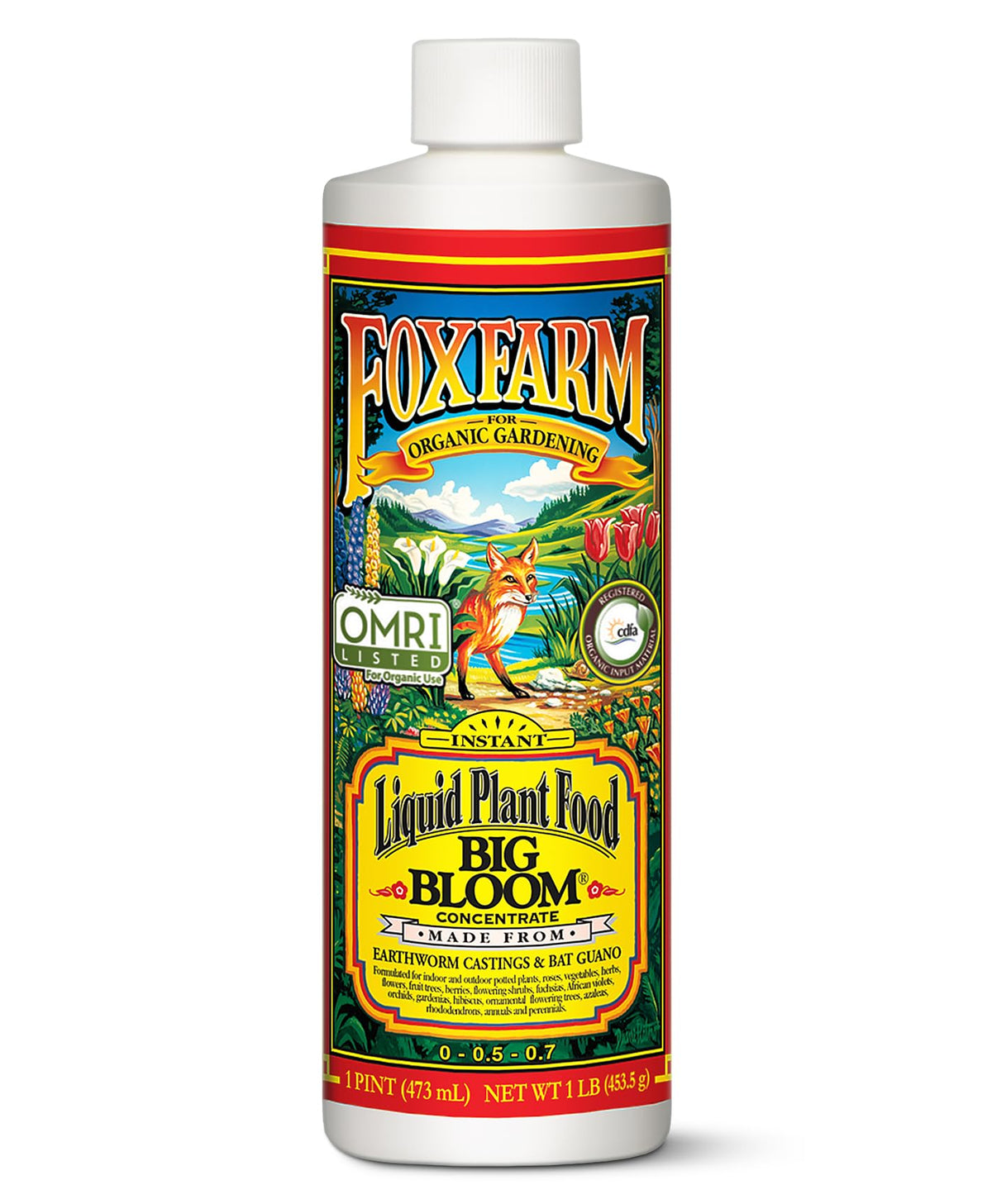 FoxFarm Big Bloom bottle label highlighting organic nutrients for flowering plants.