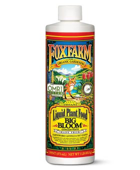 FoxFarm Big Bloom bottle label highlighting organic nutrients for flowering plants.