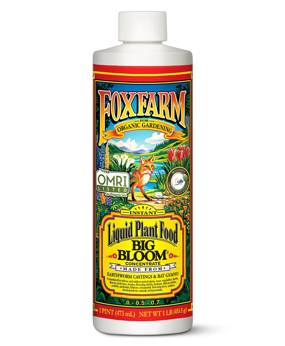 FoxFarm Big Bloom bottle label highlighting organic nutrients for flowering plants.