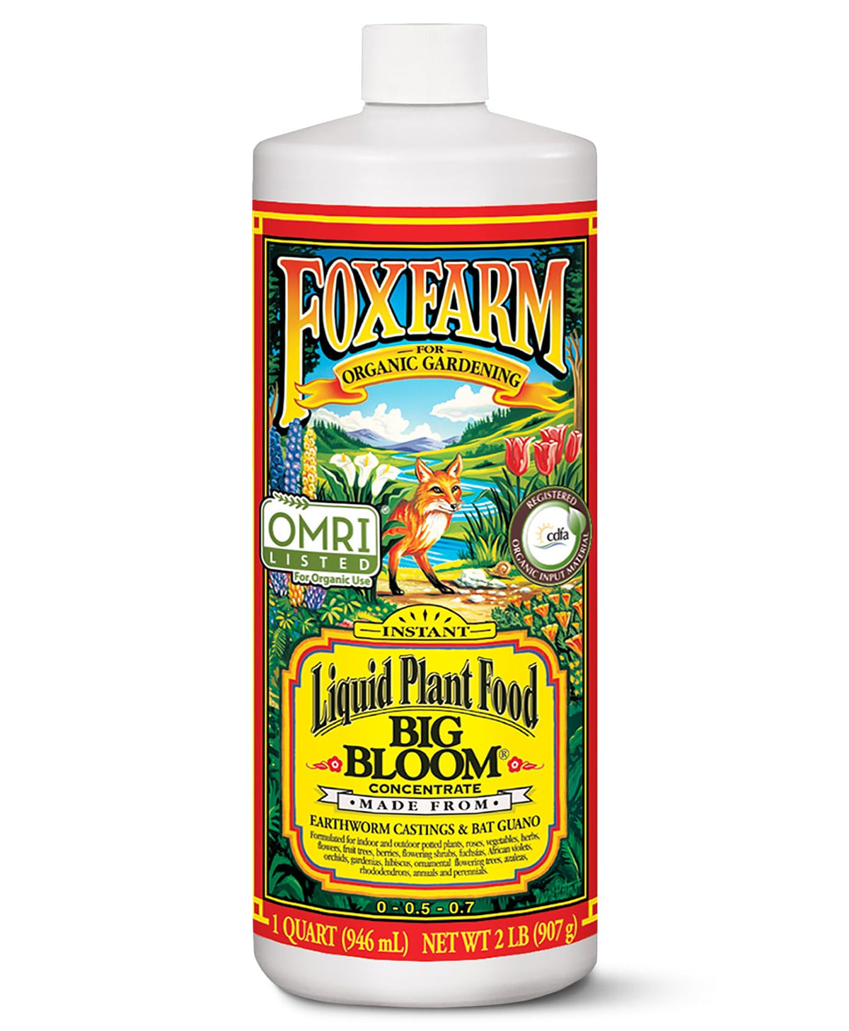 Fox Farm Big Bloom bottle label highlights organic nutrients for flowering plants.