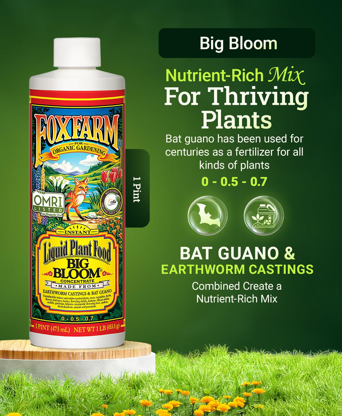 FoxFarm Big Bloom measuring spoon demonstrates easy dilution for healthy blooms.