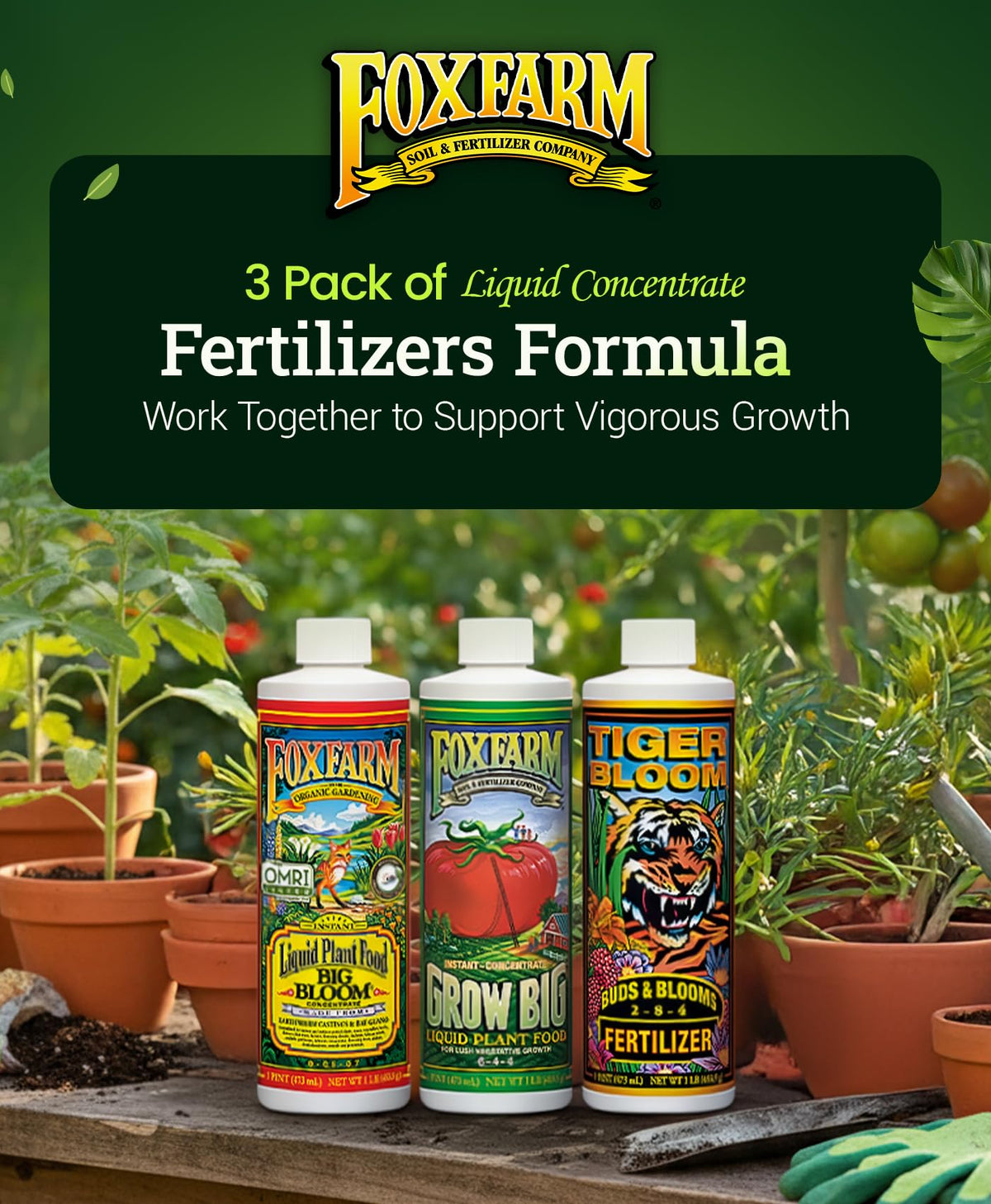foxfarm bottle trio on shelf: greenhouse-tested formula offers reliable results.