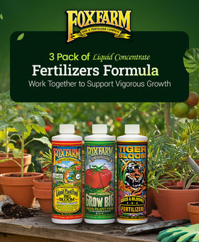 foxfarm bottle trio on shelf: greenhouse-tested formula offers reliable results.