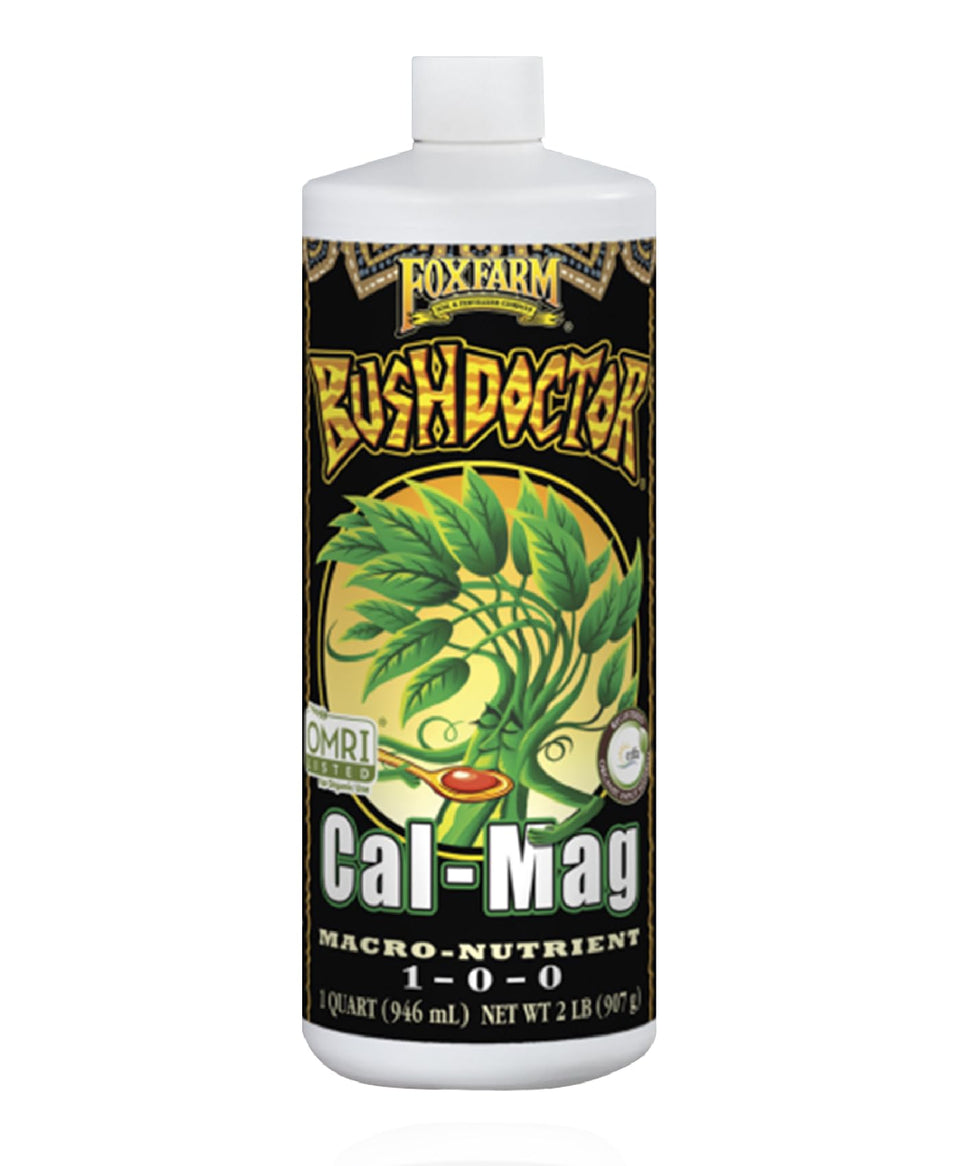 FoxFarm Bush Doctor Cal Mag bottle pour demonstrates easy application and plant nutrient support.