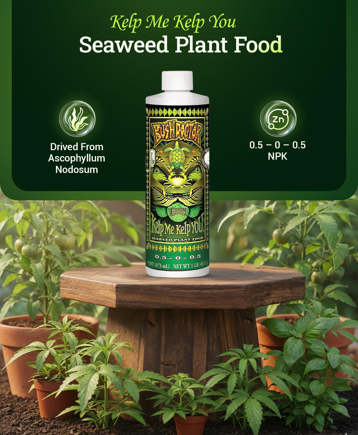 FoxFarm Bush Doctor Kelp Me Kelp You pour action shows simple bi weekly feeding for leafy plants.