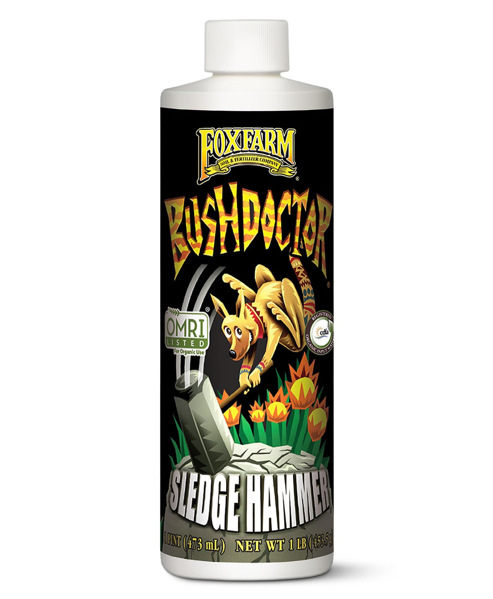 FoxFarm Bush Doctor Sledgehammer nutrient rinse bottle improves water flow for soil and hydro systems.