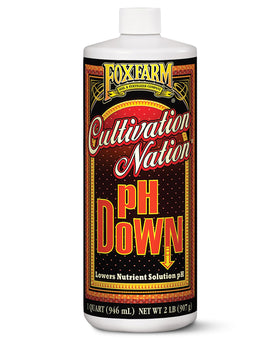 FoxFarm Cultivation Nation pH Down bottle balancing nutrient solution pH.