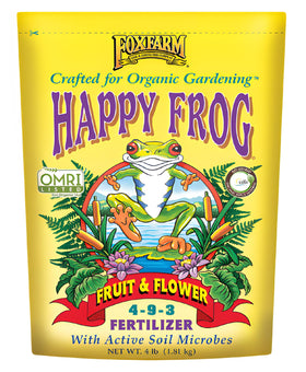 FoxFarm Happy Frog bag showing balanced formula for abundant blooms.