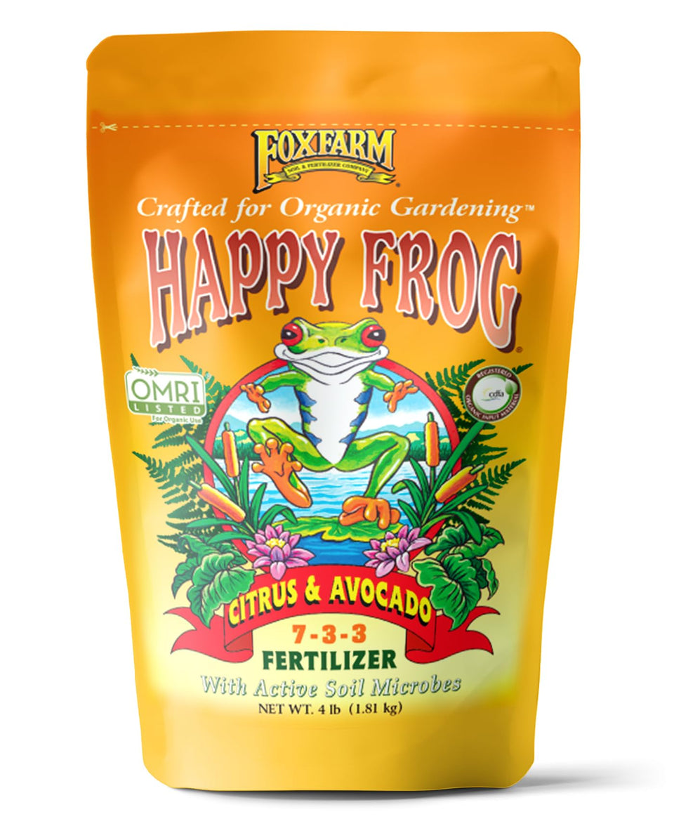 FoxFarm Happy Frog citrus avocado fertilizer bag label highlighting OMRI-listed formula for organic gardens.