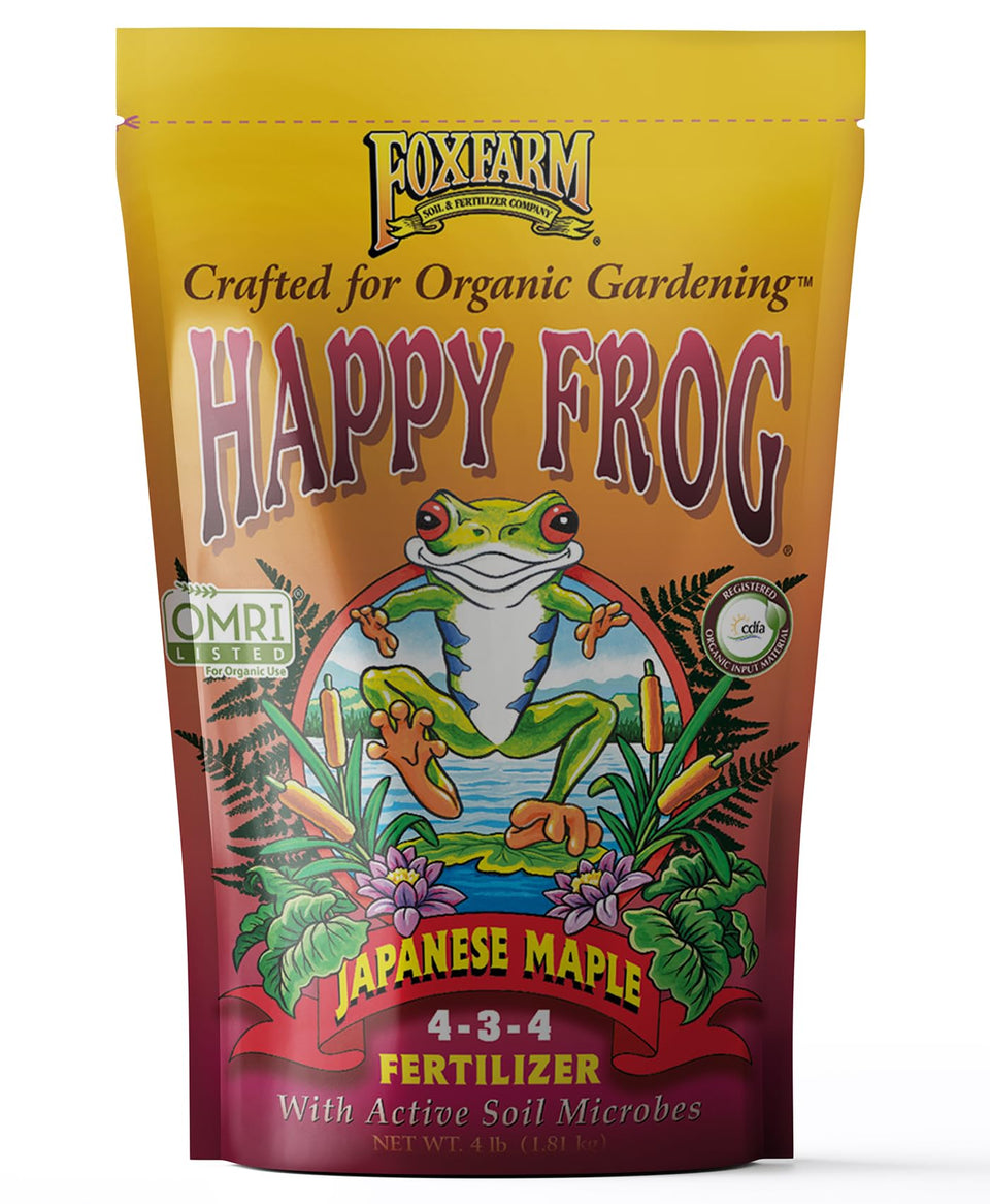 FoxFarm Happy Frog Japanese Maple Fertilizer bottle boosts growth and nutrient uptake.