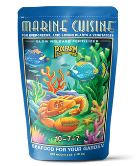 FoxFarm Marine Cuisine bag closeup shows premium packaging and vegetable nourishment.