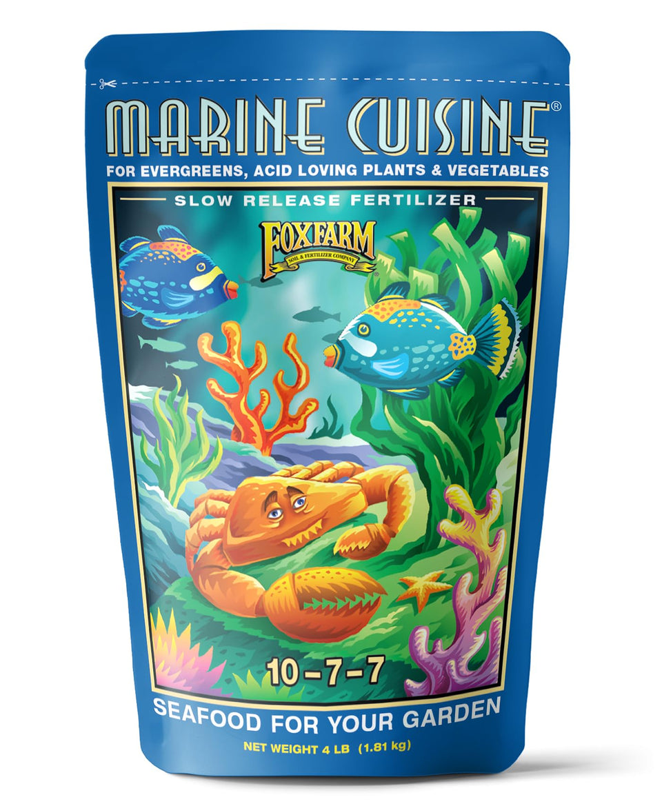 FoxFarm Marine Cuisine bag closeup shows premium packaging and vegetable nourishment.