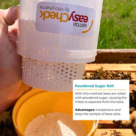 Foxhound Bee Varroa Easy Check measuring cup close-up reveals molded lines for quick sampling.