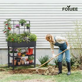 FOYUEE 2-tier storage shelf with soil bags and tools.