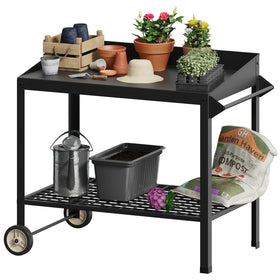 FOYUEE metal potting bench with wheels for easy outdoor mobility.
