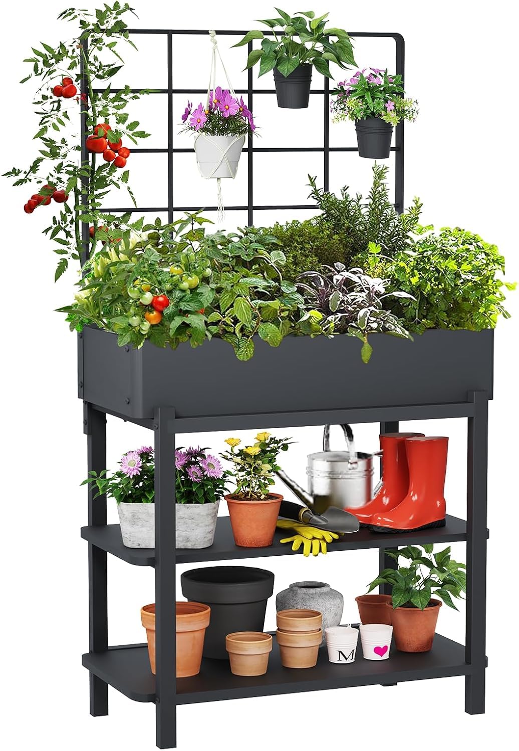 FOYUEE metal raised garden bed with trellis on patio for small spaces.