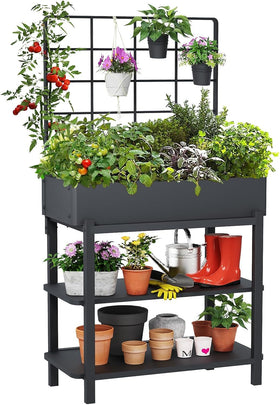 FOYUEE metal raised garden bed with trellis on patio for small spaces.