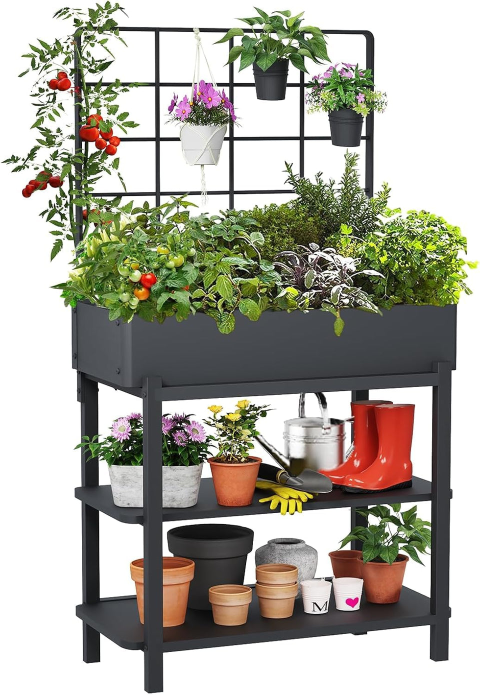 FOYUEE metal raised garden bed with trellis on patio for small spaces.