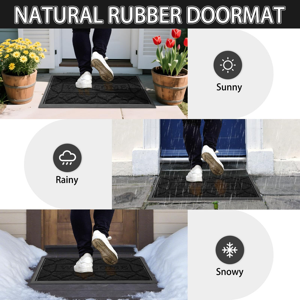 FRAMICS black rubber doormat blends with exterior decor while protecting floors.
