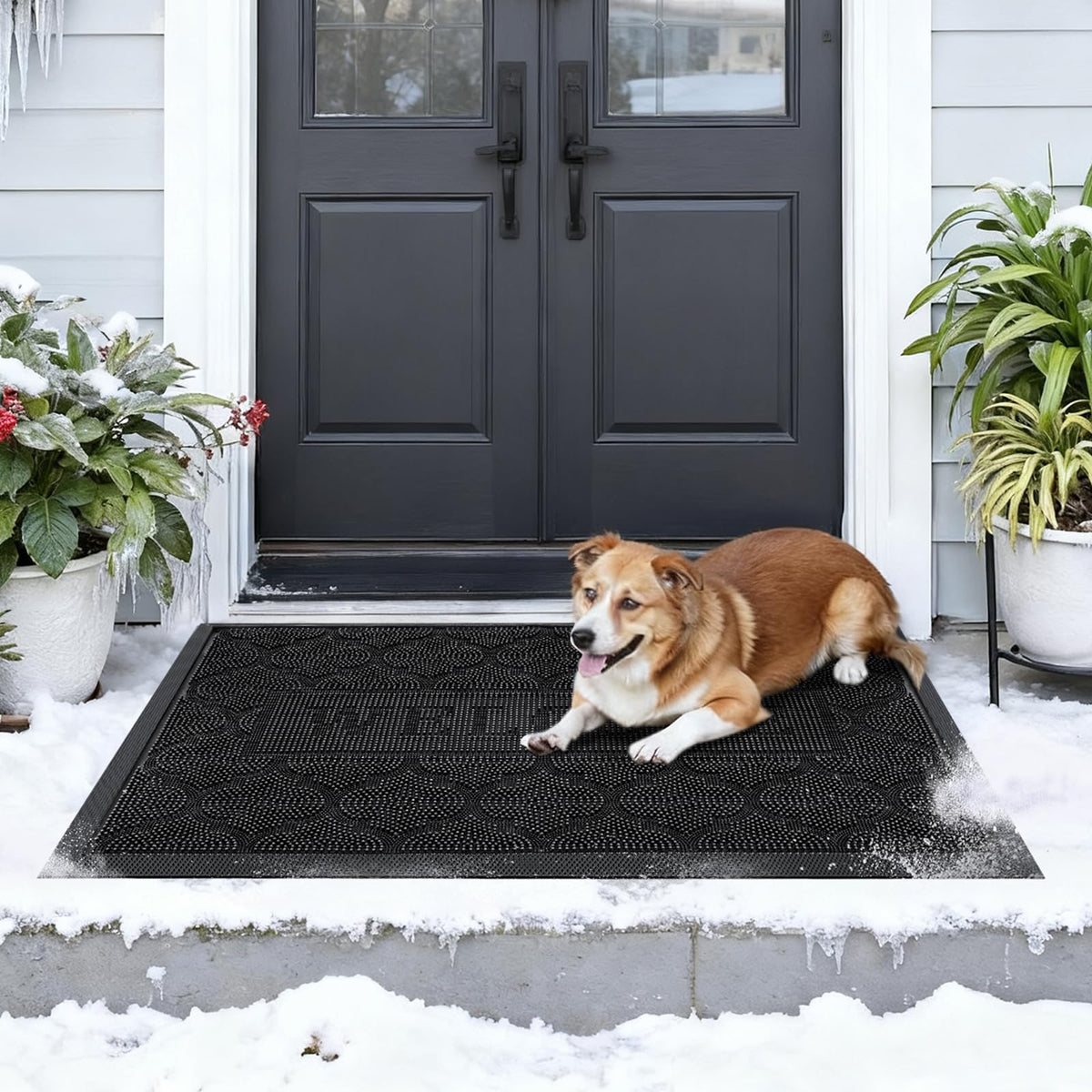 Framics black doormat adds sleek contrast at entry