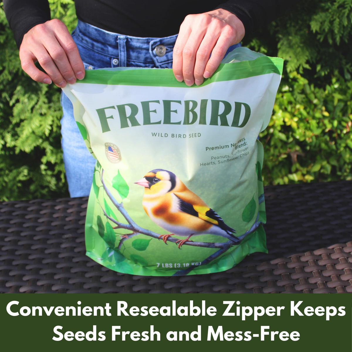 FREEBIRD no-shell mix packaging clean and mess-free feeding outdoors.