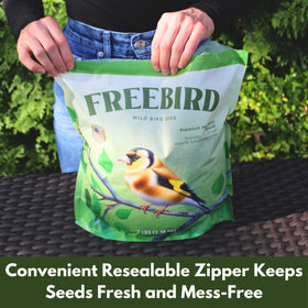 FREEBIRD no-shell mix packaging clean and mess-free feeding outdoors.
