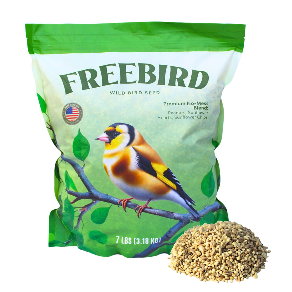 FREEBIRD premium no-mess seed bag showing tidy packaging for a clean backyard.