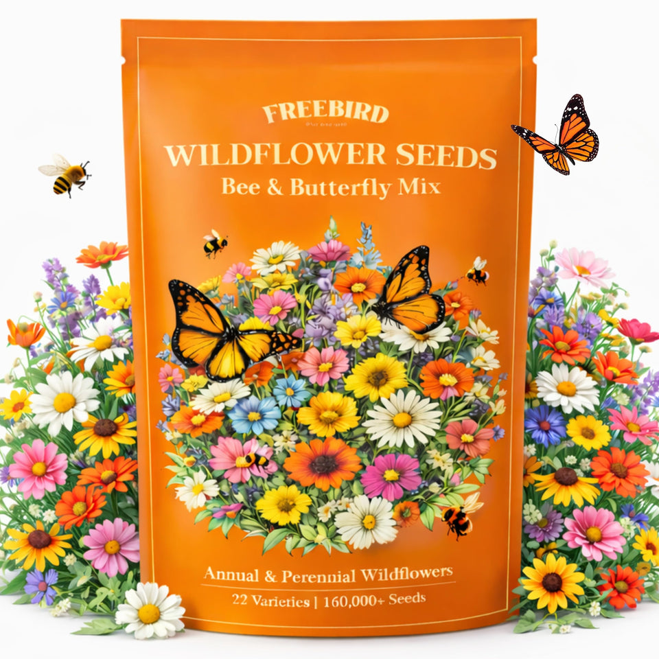 FREEBIRD wildflower mix attracts bees and butterflies with vibrant pollinator-friendly blooms.