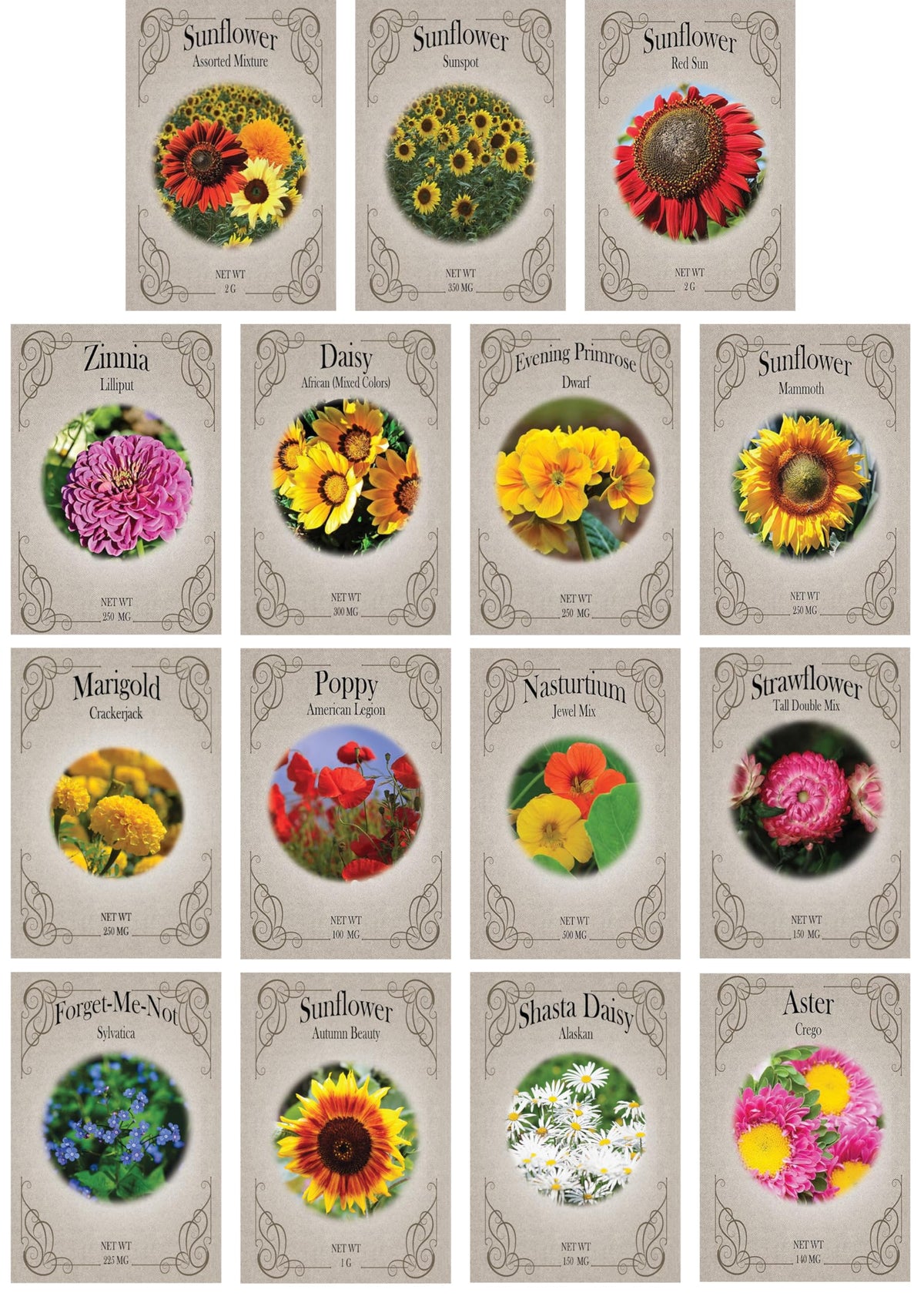 Freedom Farms 15-pack flower seed packets displayed on a table for easy planting and vibrant blooms.
