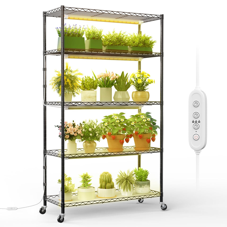 FREELICHT DIY plant shelf with grow light showing space-saving 5-tier indoor gardening setup