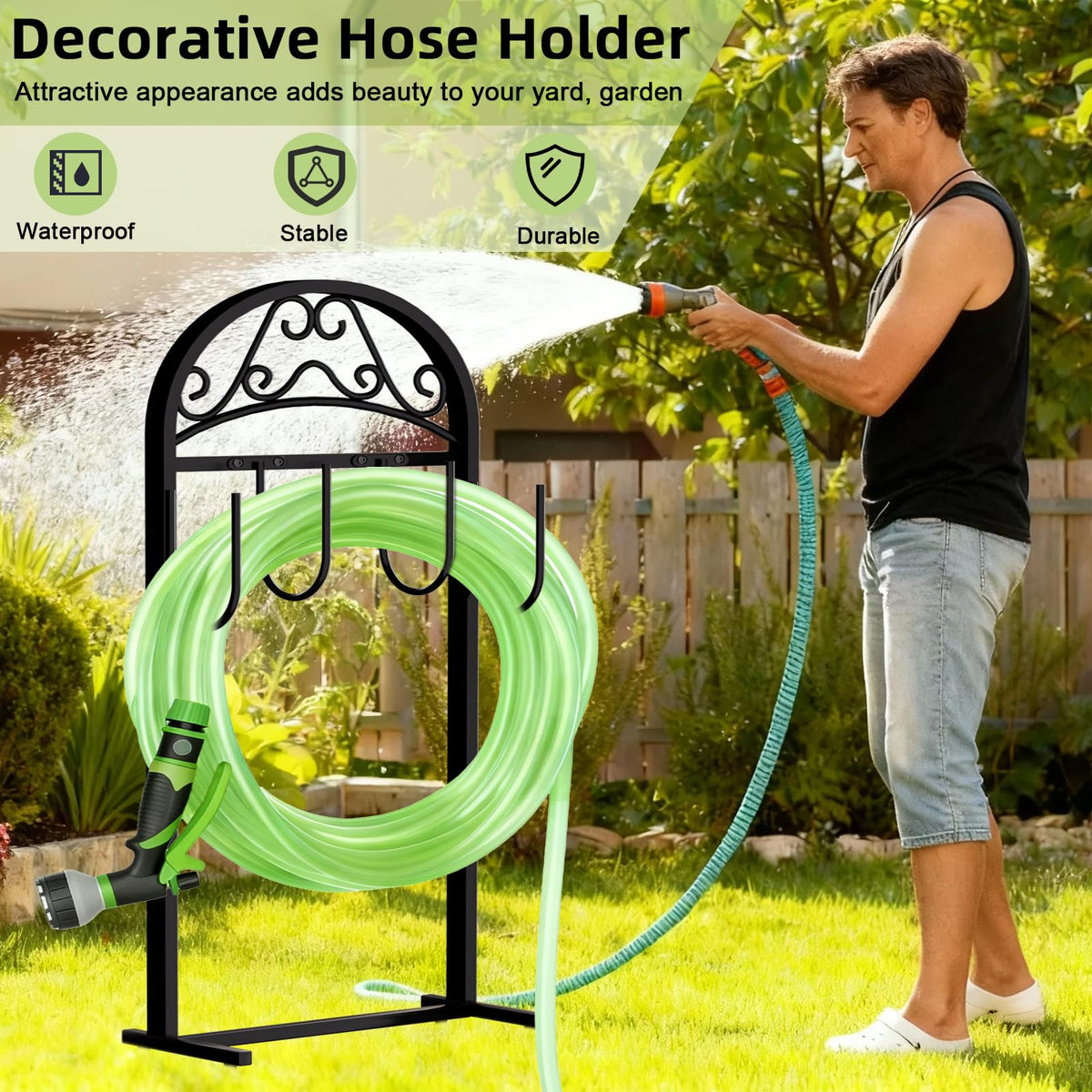 Freexployer garden hose holder supports up to 100 ft hose for versatile watering.