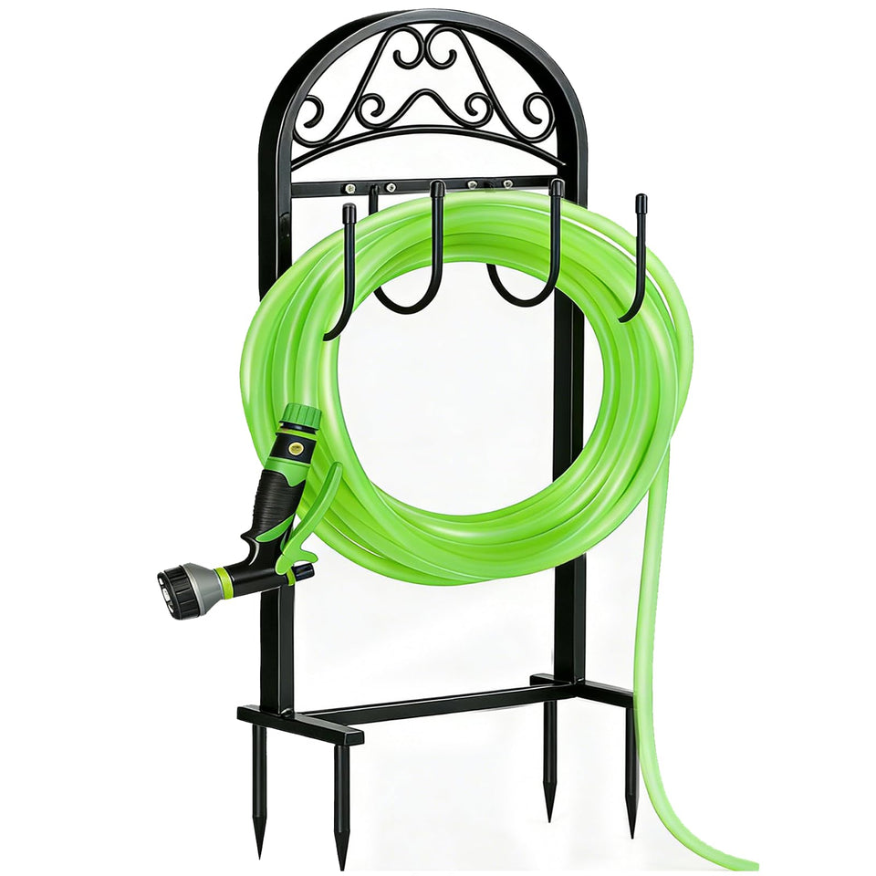 Freexployer Garden Hose Holder with stable base keeps hoses neatly stored outdoors.