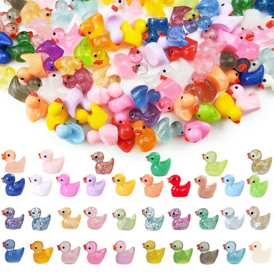 Frehapkids 360Pcs mini resin ducks in a colorful micro landscape setup for desks and shelves.