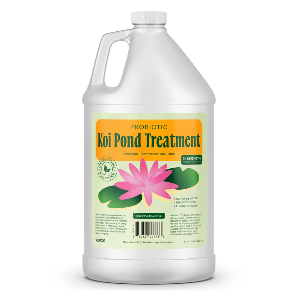 Fresh Pond Koi Pond Water Treatment bottle close-up showing probiotic pond formula