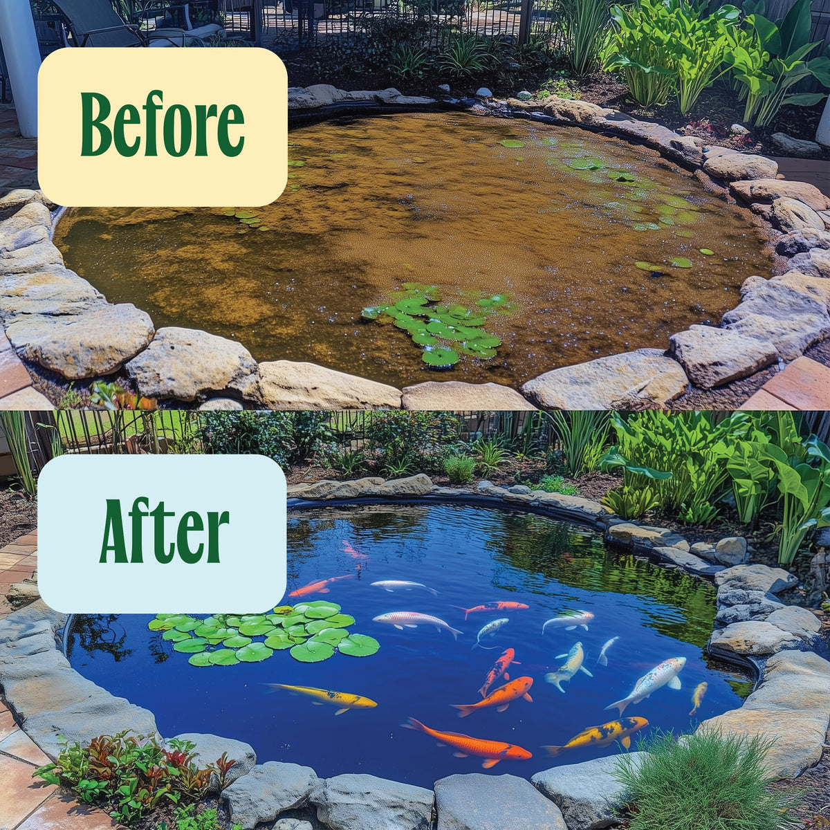 Fresh Pond Koi Pond Water Treatment poured into a pond for easy dosing