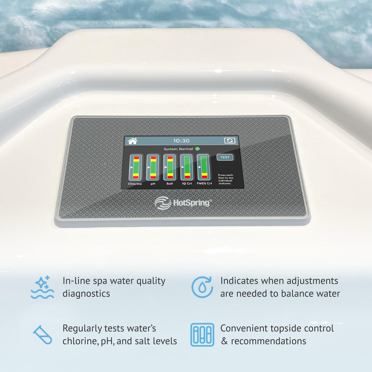FreshWater Smart Monitoring Sensor hourly testing ensures balanced spa water with confidence.